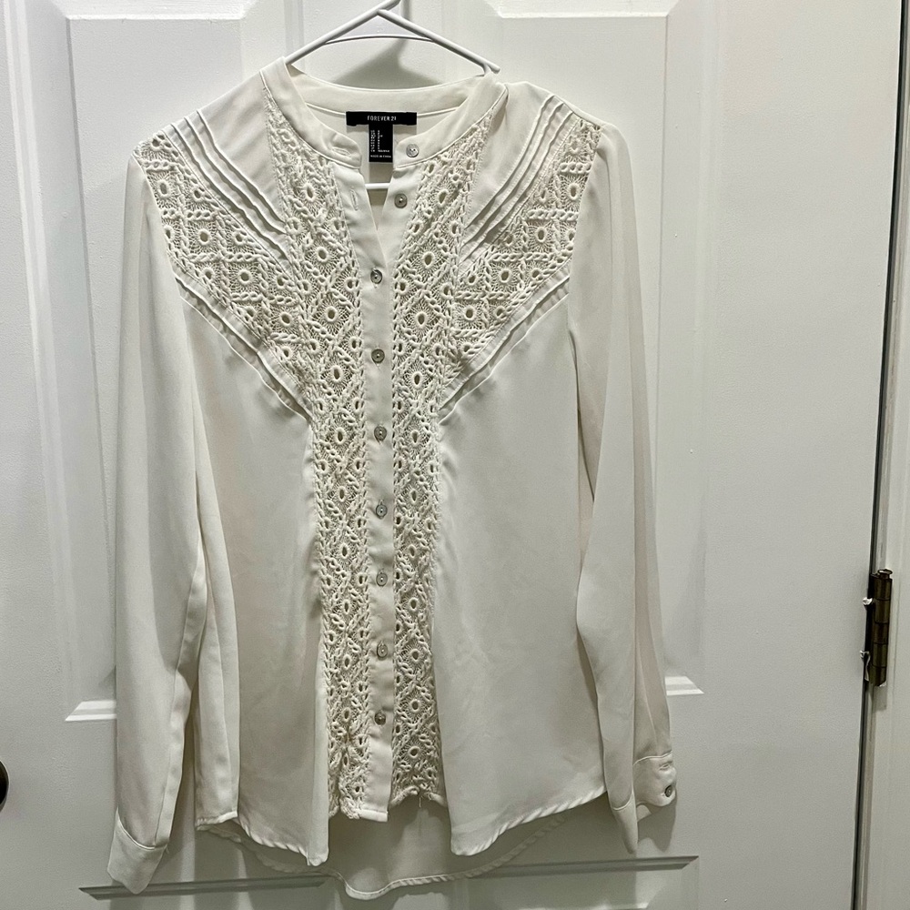 Forever 21 White Embellished Bib Collar Blouse